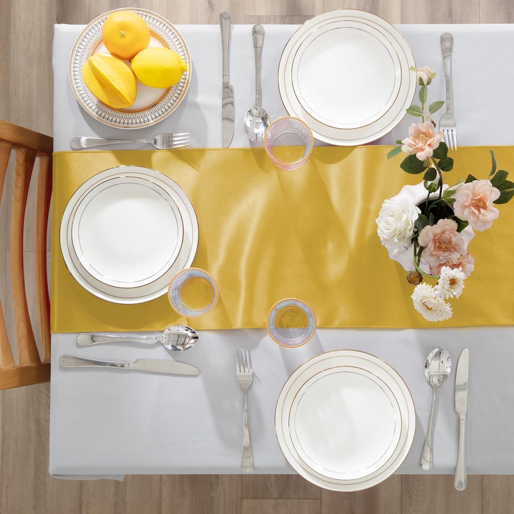 6 Pack Gold Table Runners 12 x 108 Inch, Rectangular Smooth Satin Silk Table ...