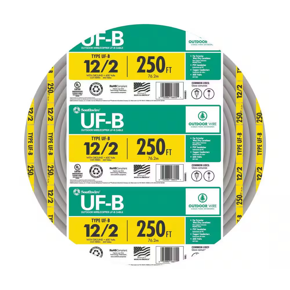 250 Ft. 12/2 Gray Solid CU UF-B W/G Wire
