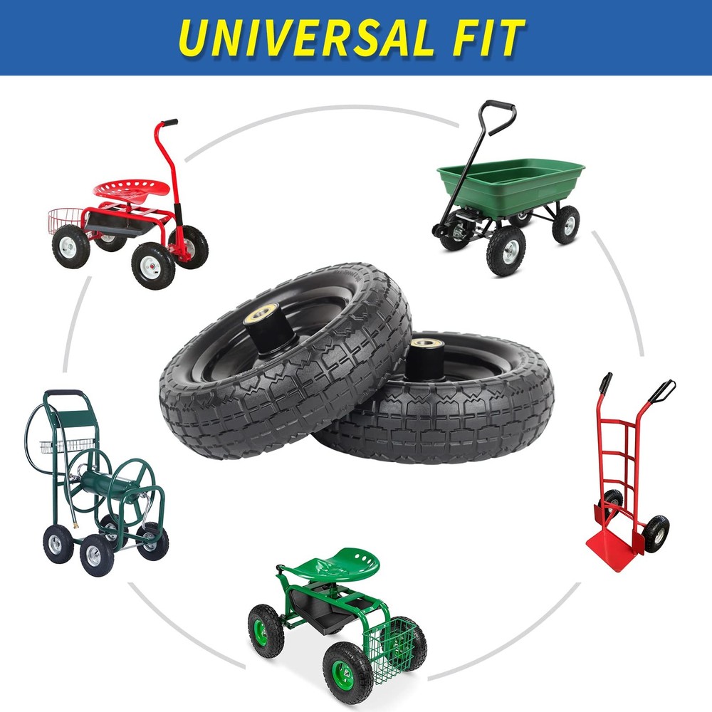 GICOOL 10" Flat-Free Solid Tire and Wheel Replacement 2 PACK, Black