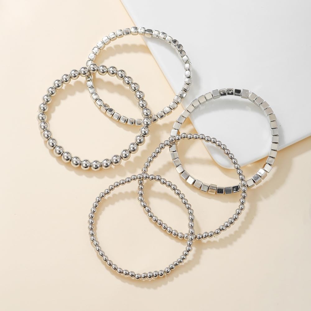 CSIYANJRY99 Silver Beaded Bracelets Medium, Style C-5 PCs Cube Beads