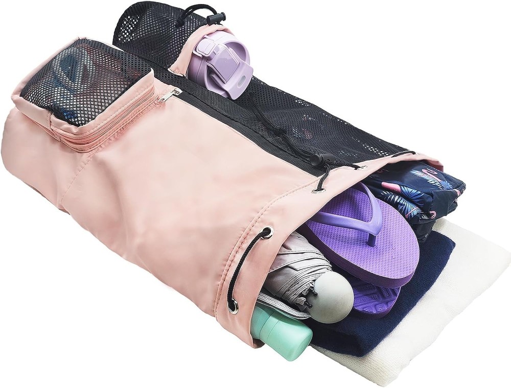Mesh Beach Backpack with Wet Pocket Drawstring Pool Bag Waterproof Swimming B...