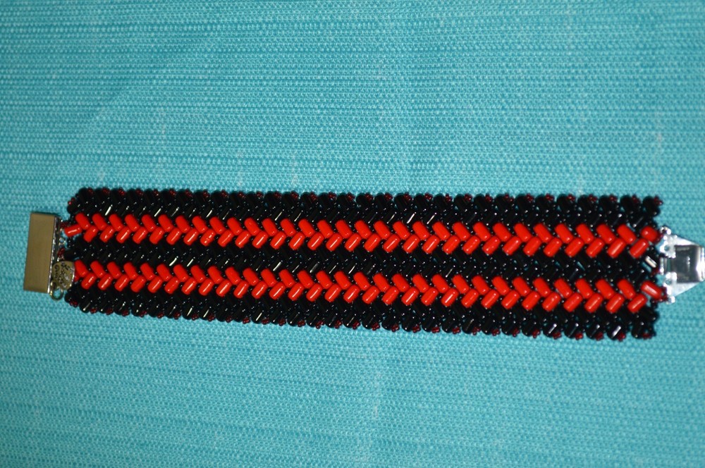 Red & Black Chevron Pattern Handmade Beaded Cuff Bracelet
