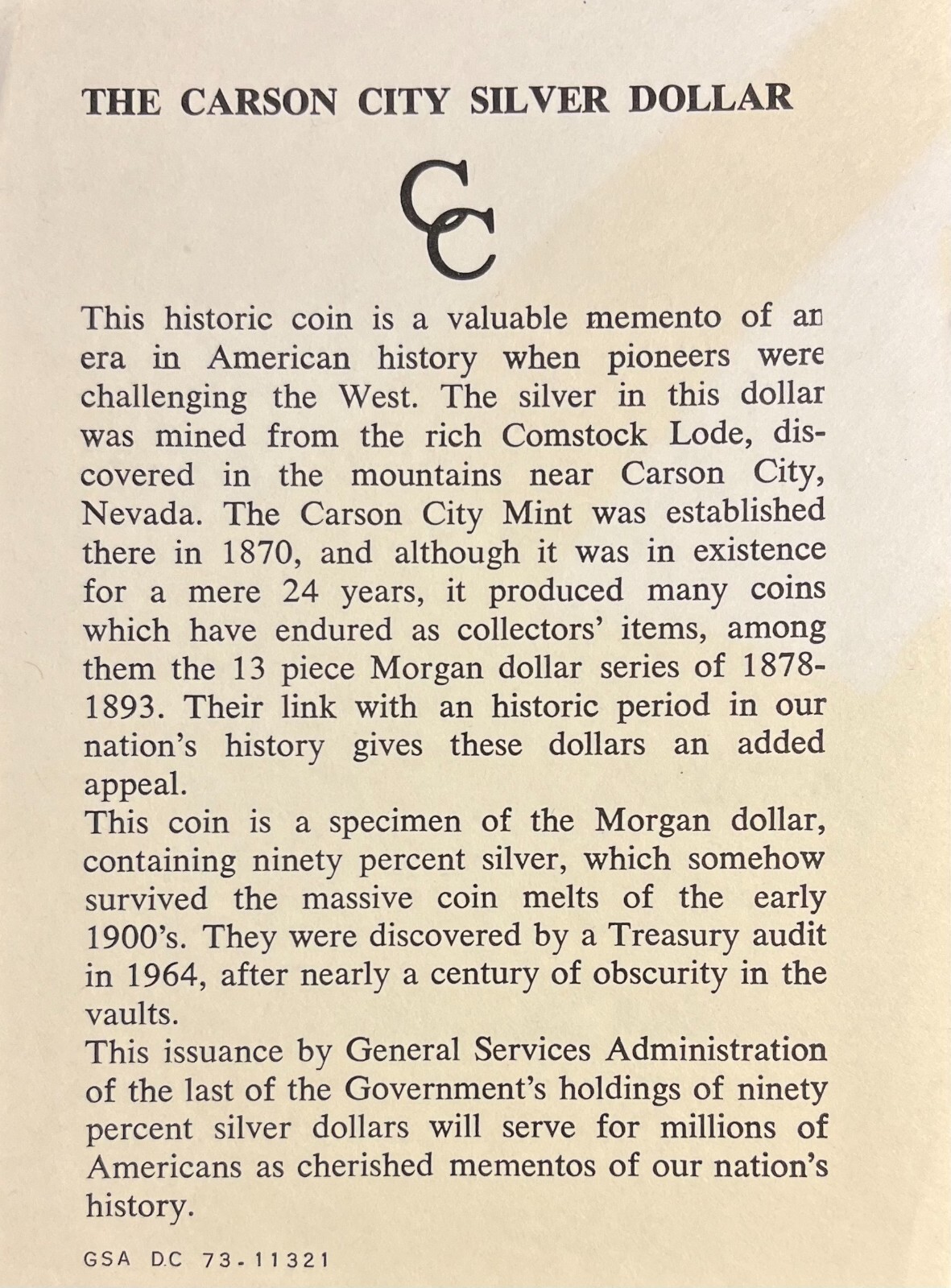 1878-1891 Carson City Silver Dollars GSA COA Certificate - Light Creasing
