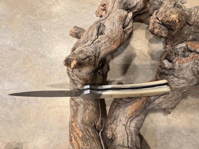 Big Damascus folding blade knife w/ White Bone handle