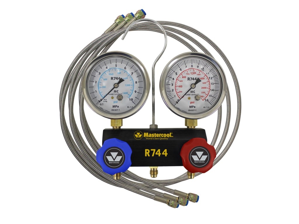 Mastercool 55661 - R744 (CO2) 2-Way Aluminum Manifold - 3 150cm Braided Hoses