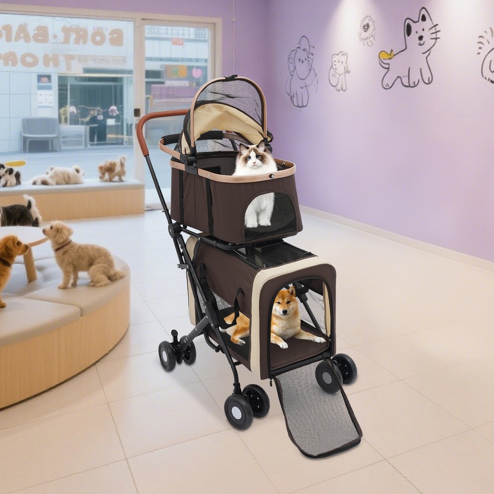 2-Tiers Cat Stroller Foldable Pet Stroller Small & Medium Dogs Stroller 77lbs