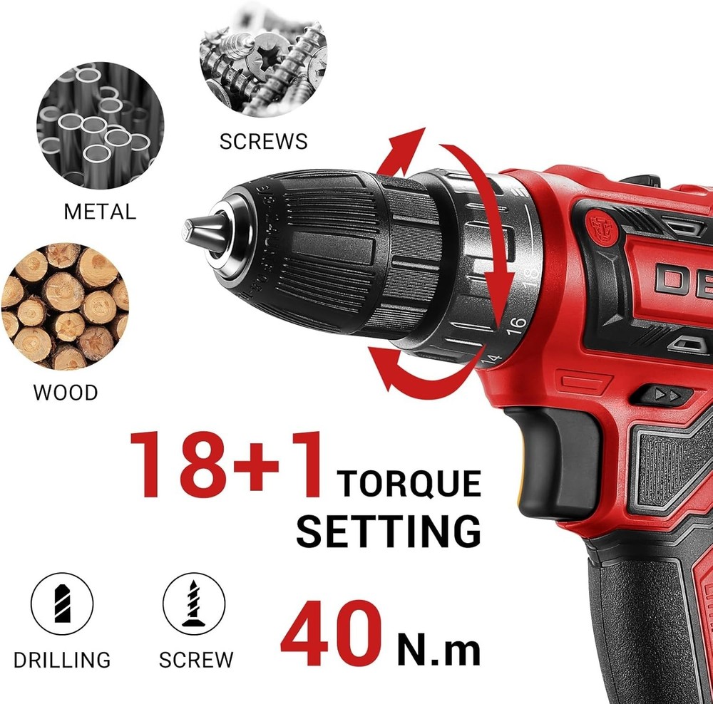 DEKO PRO Red Cordless Drill - Lightweight 20V Kit with Comprehensive Bits Set