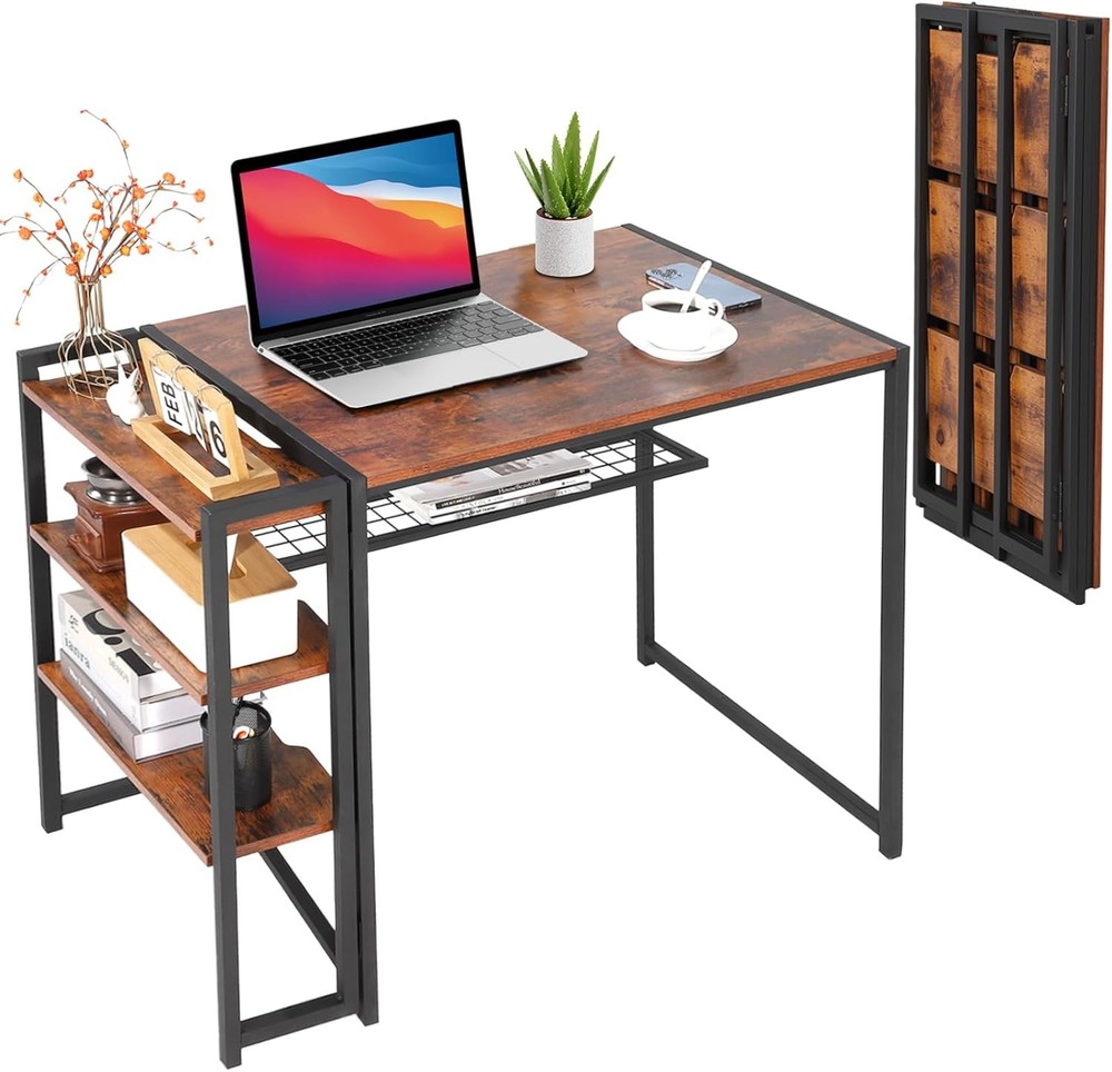 35 inch Folding Desk Writing Computer Desk with Storage Shelf Writing Table