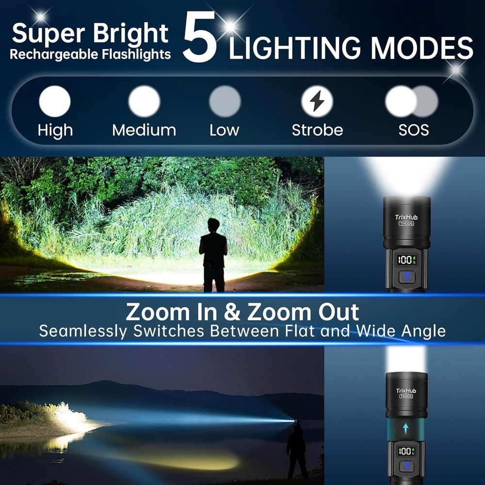 TrixHub Rechargeable Flashlights 2 Pack, Super Bright High Lumens Flash Light