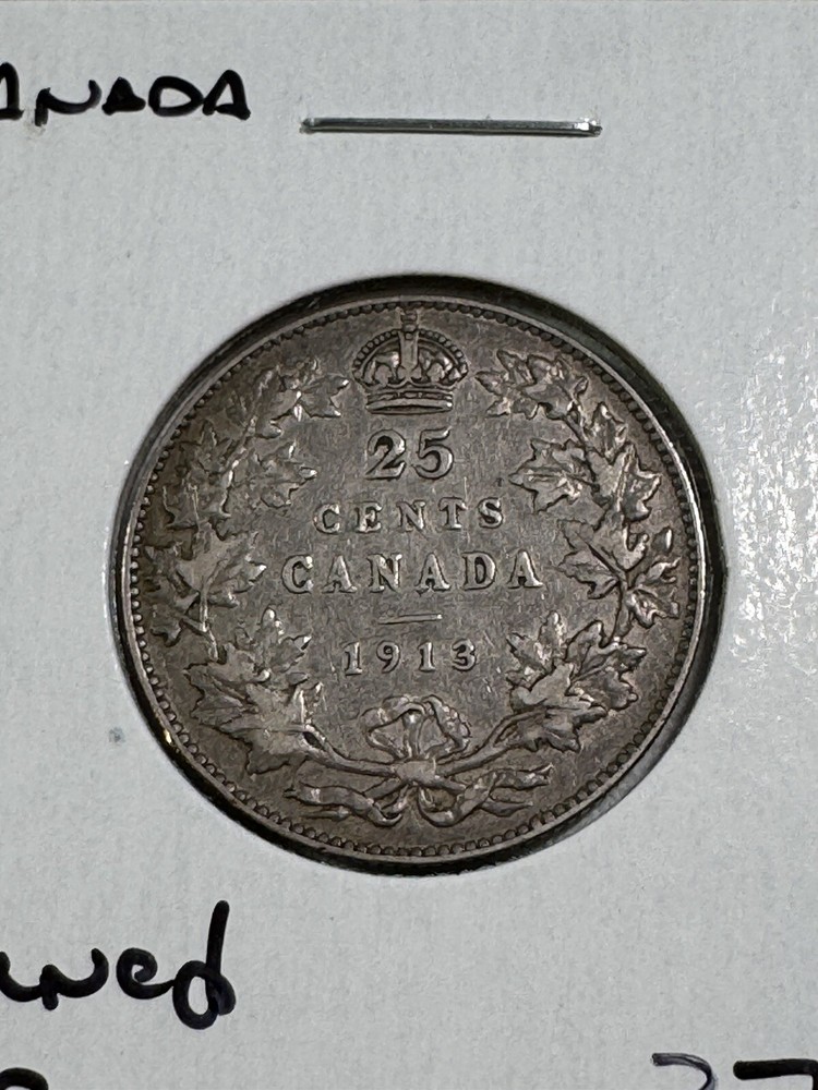 1913 Canada 25 Cents Silver Coin Cleaned