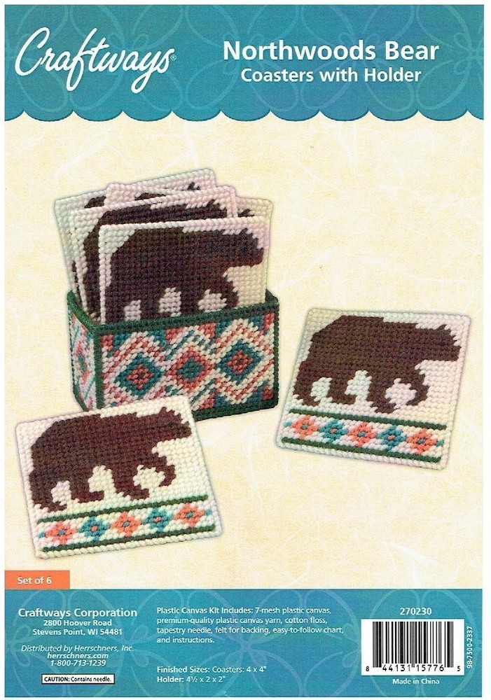 NORTHWOODS COASTERS & HOLDER  7ct plastic canvas  PATTERN  (#TF0428)