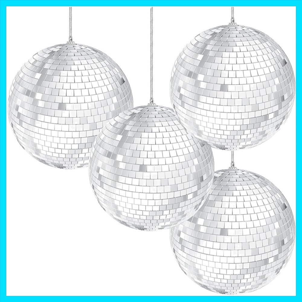 Mirror Disco Ball 4" Inch 4-Pack, Silver Hanging Ball with Attached String fo...