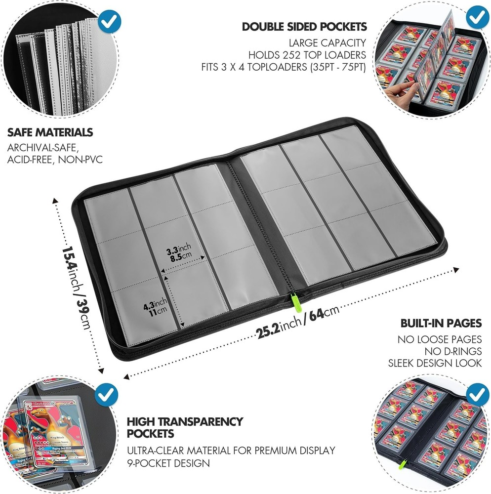Toploader Binder, Trading Card Binder Storage, 252 9 Pocket Top Loader Binder