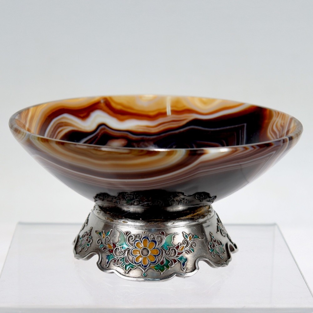Old or Antique Enameled Austrian Silver & Agate Bowl.