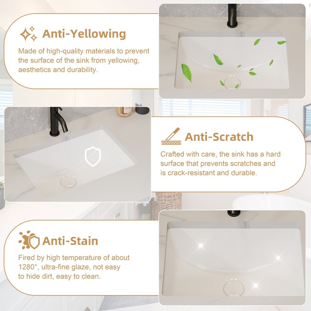 Rectangle Undermount Bathroom Sink, 20'' x 14'' White Ceramic Under Mount Sink