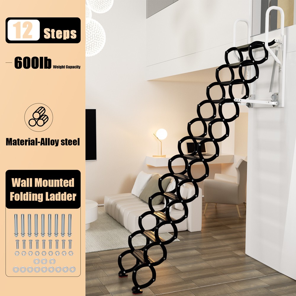 Wall Mounted Folding Ladder Black Loft Attic Stairs Pull down 12 Steps B9