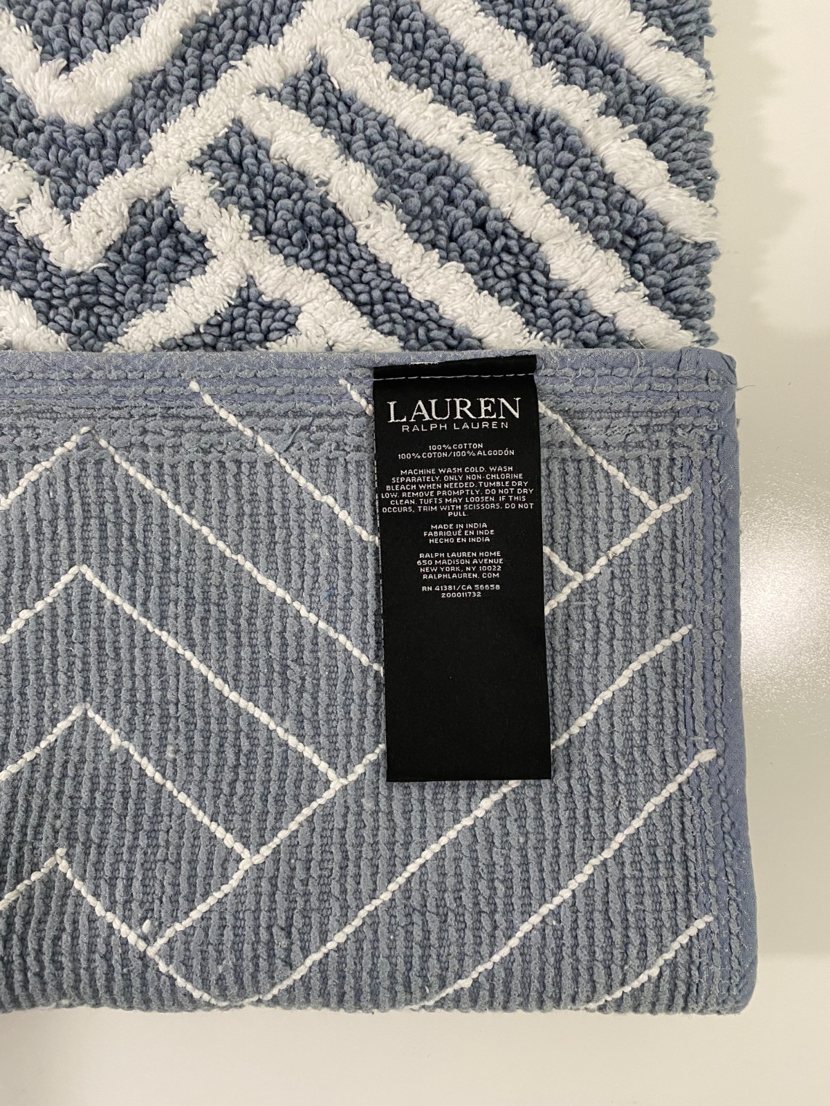Ralph Lauren Bathroom Rug Blue 21 x 34 Resistant Anti-Slip Chevron Herringbone