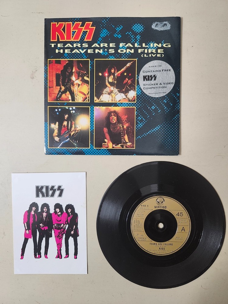 KISS RARE UK 1985 Tears Are Falling 7" Vinyl 45 + Sticker + Gold Label 884 141-7
