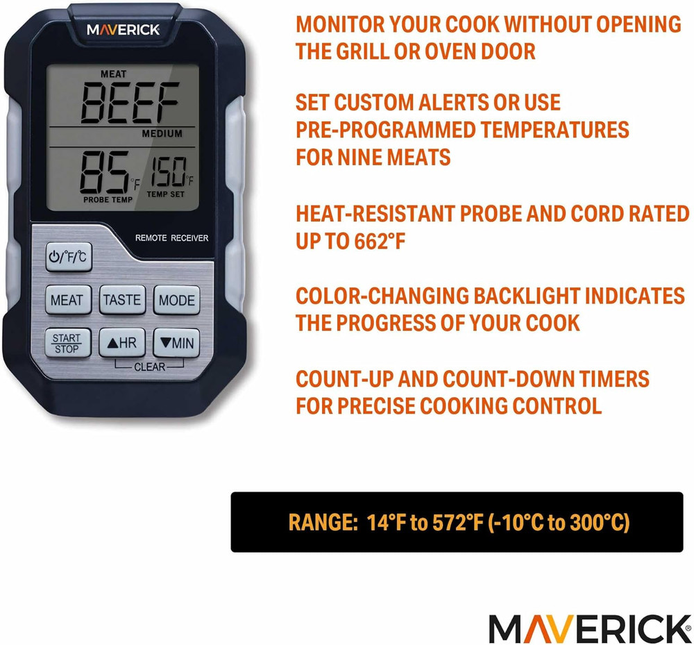 Single Probe BBQ Thermometer & Timer, Pre-Programmed Temps for 9 Meats, Color-Ch