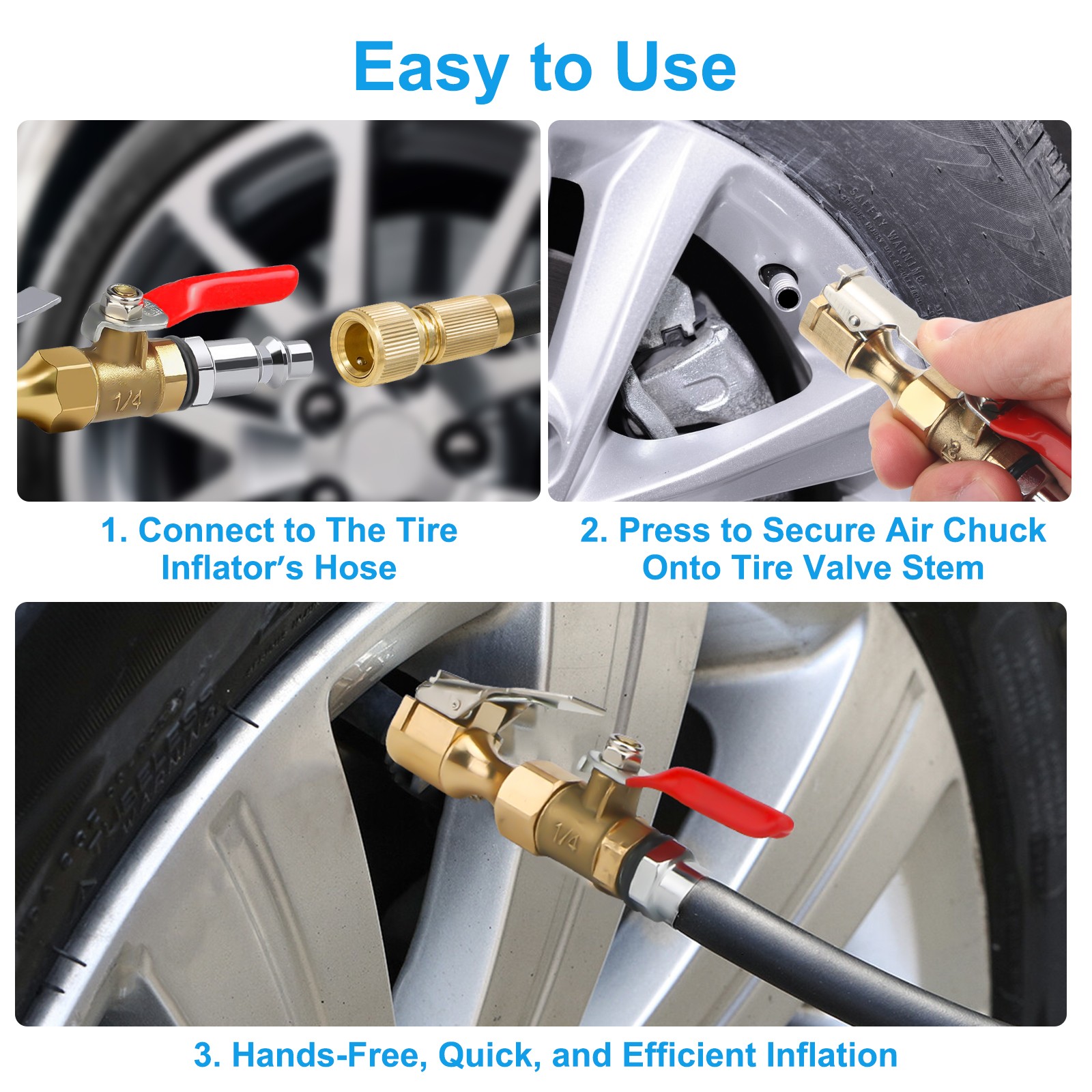 Portable Air Chuck Tire Inflator Nozzle Brass Lock-On Clip Switch 1/4" NPT Quick