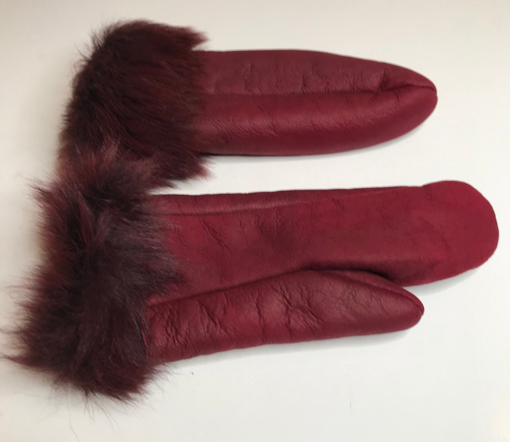 Vintage Burgundy Fluffy Mitten Gloves