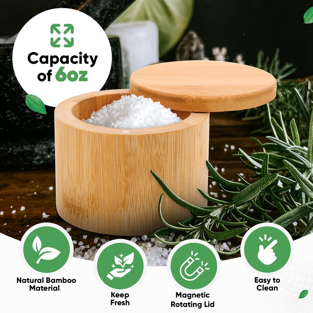 Salt Cellar, Bamboo Salt Container with Lid, Solid Salt Box Holder with 360° ...