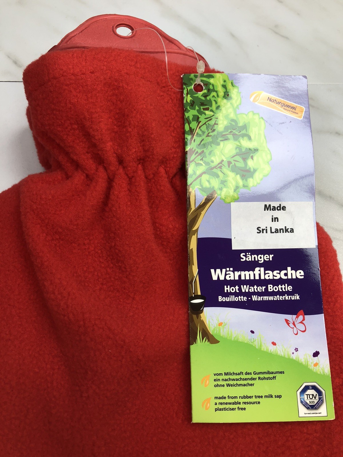 Sanger 2.0 Liter Hot Water Bottle with Red Fleece Cover ~ Made in Germany ~ NEW