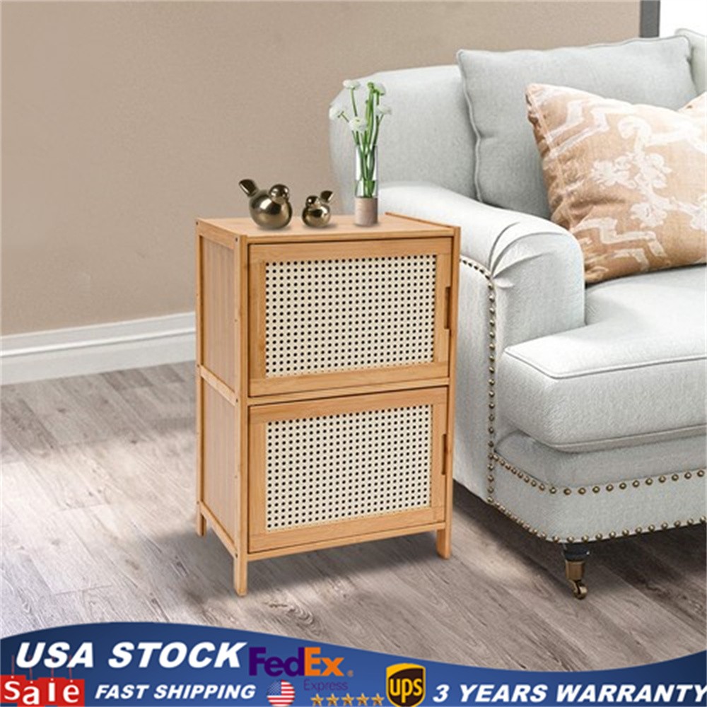 End Side Bedside Table Nightstand Sideboard w/ Rattan Decorated Drawers Storage
