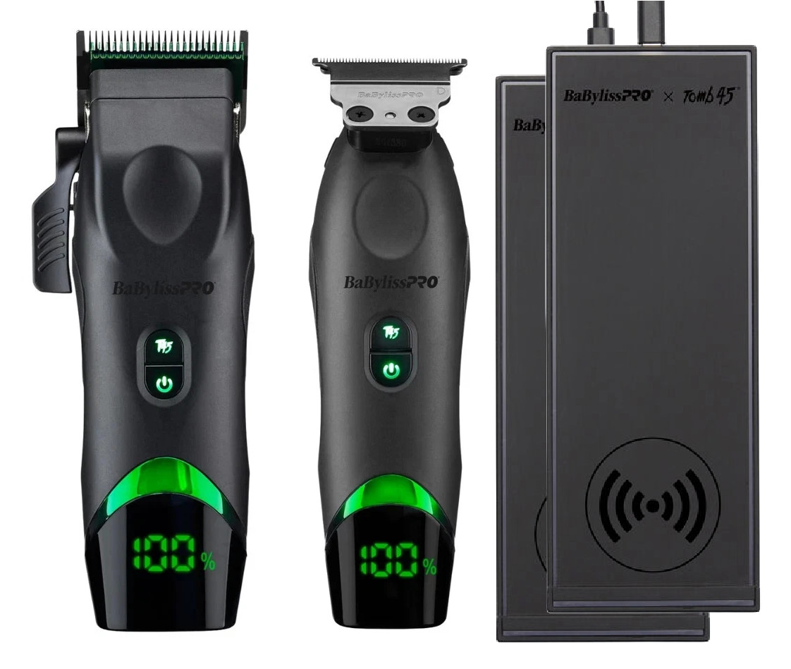 Babyliss Pro X Tomb45 Black Green Wireless Charging Clipper Trimmer +2 Pads