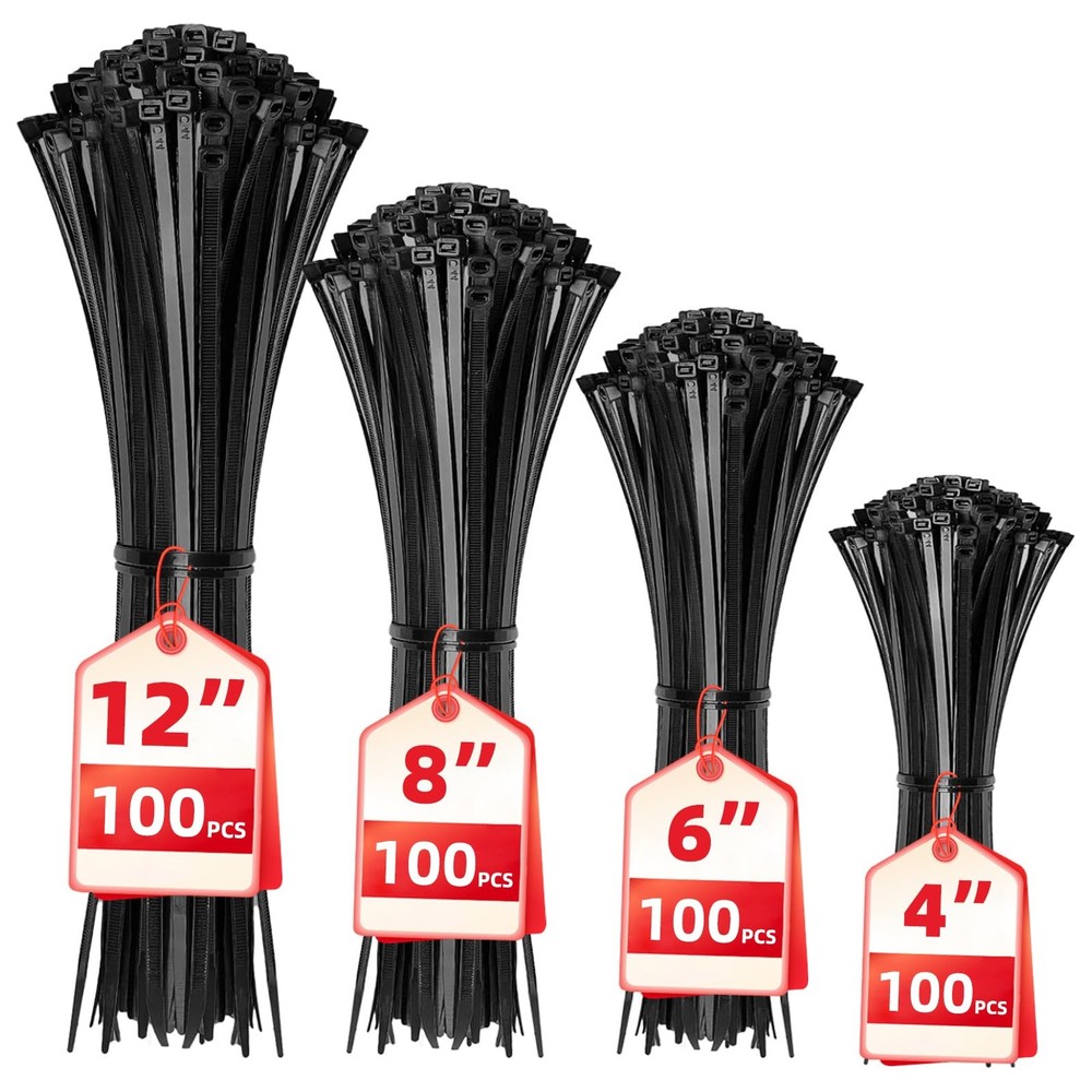 Cable Zip Ties 400 Pack Assorted Sizes 12+8+6+4 Inch Multi-Purpose Self-Locking