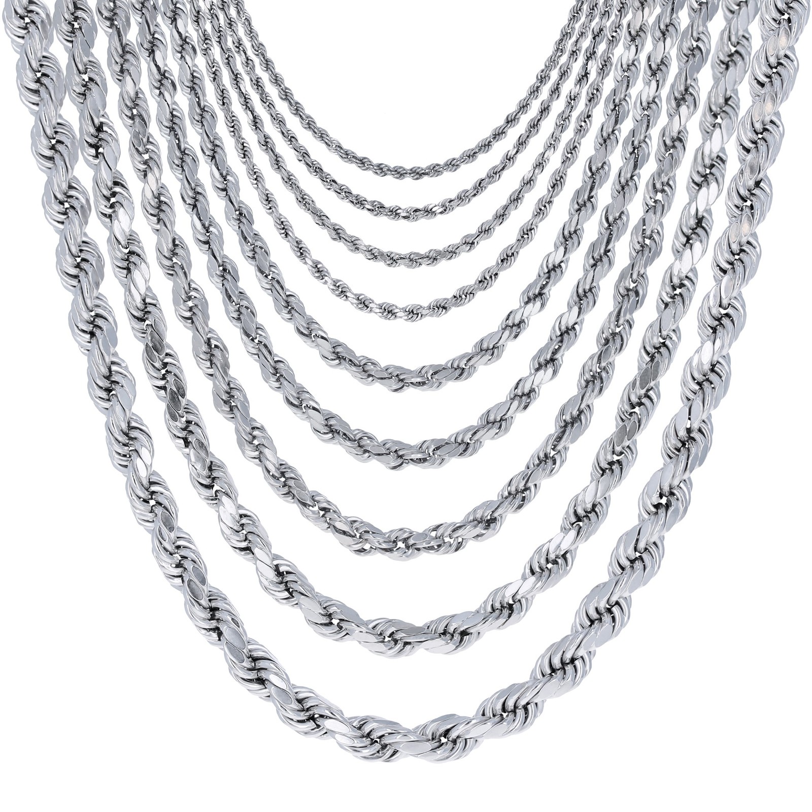 10K White Gold 1.5mm-7mm Diamond Cut Rope Chain Necklace Mens Womens 16"-30"