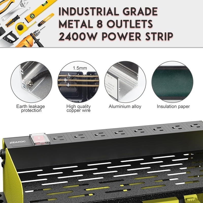 4 Layer Power Tool Organizer with 8 Outlet Charging Station & Wall Hooks Green