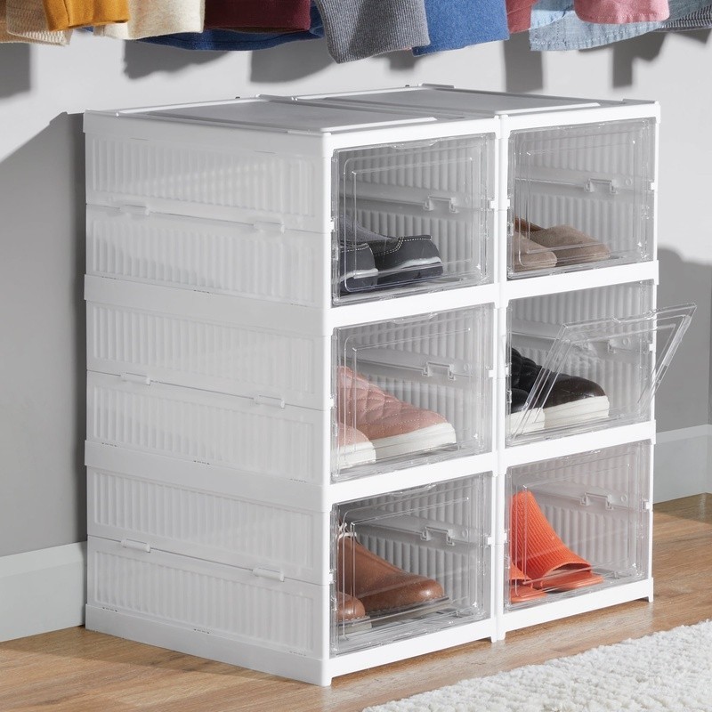 3-Tier Collapsible Shoe Organizer Clear Plastic Stackable Storage Rack Entryway