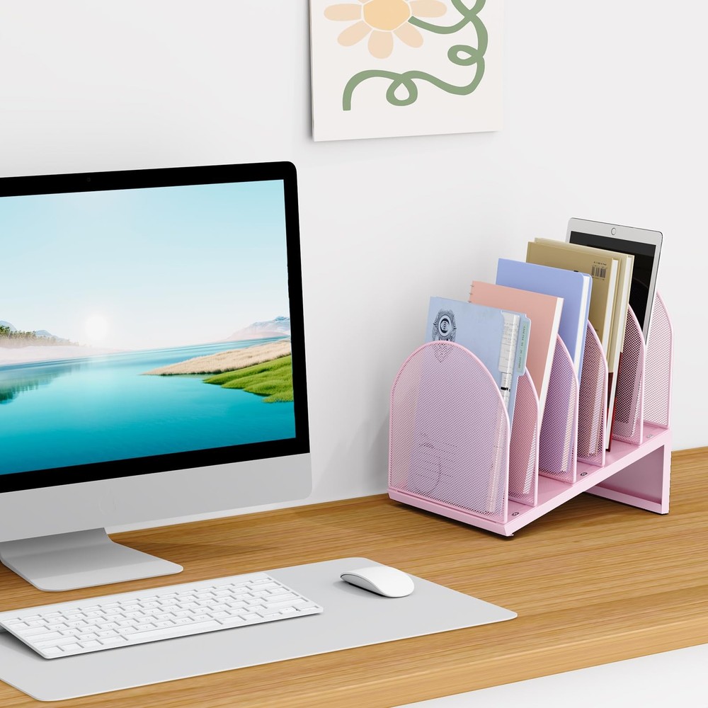 5 Section Desk File Organizer Metal Mesh Folder Documents Mail Pink