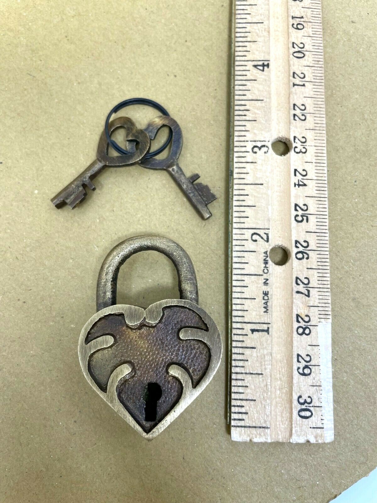 Padlock Small Victorian Heart Shaped Brass Lock, Antique Finish with 2 Keys