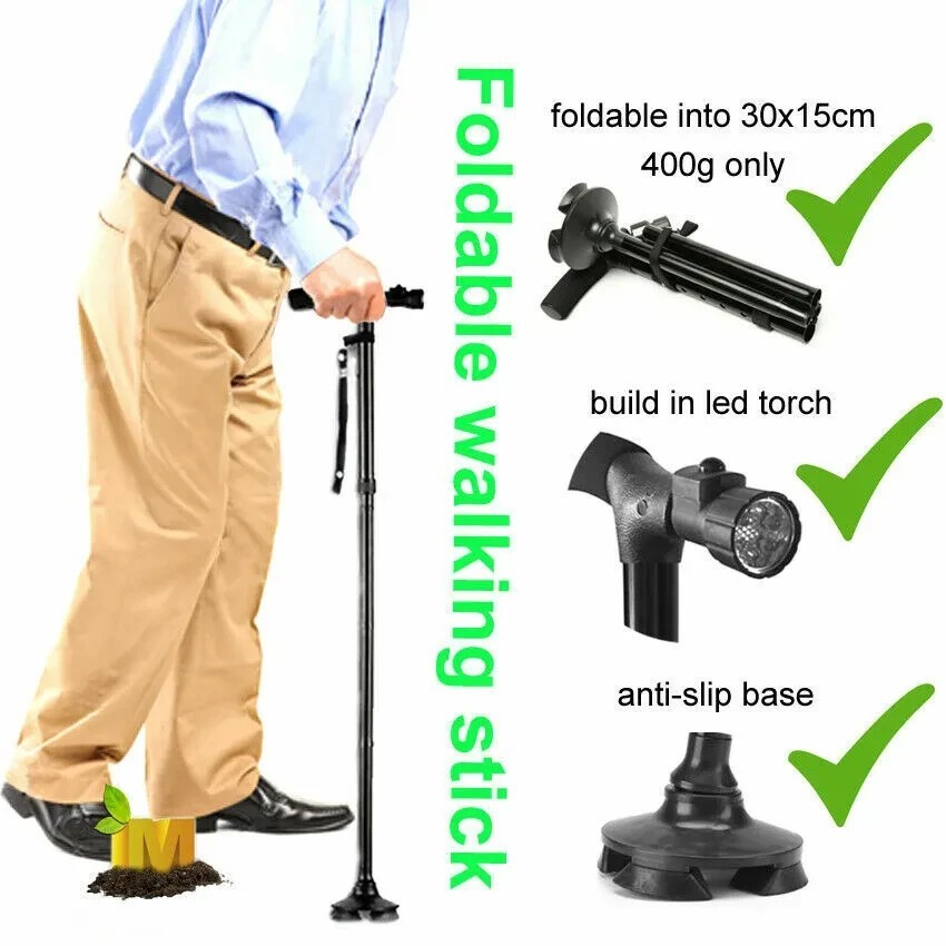 New Folding Walking Cane with LED Light, Adjustable Walking Stick with Carrying