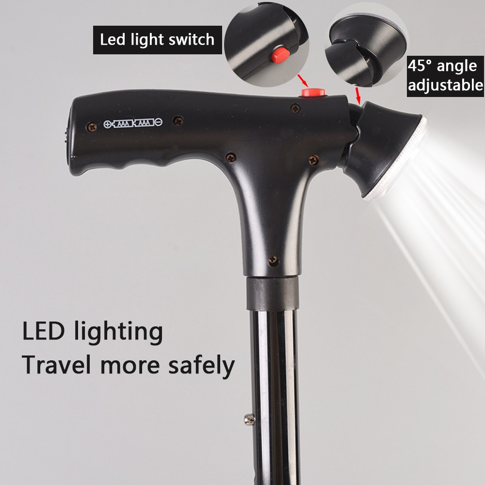 Folding Adjustable Walking Stick Cane with LED Torch & Alarm button Strap Handle