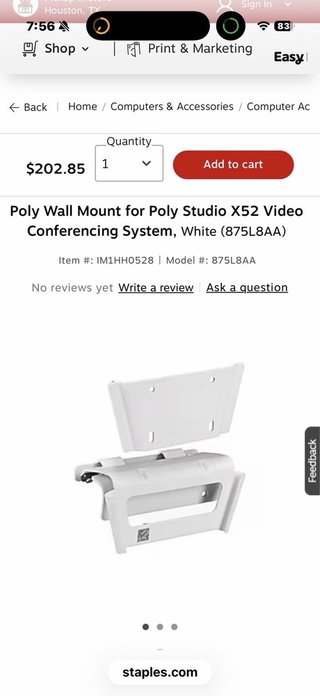 Poly Studio X52 Wall Mount for Video Conferencing System (P/N: 875L8AA)