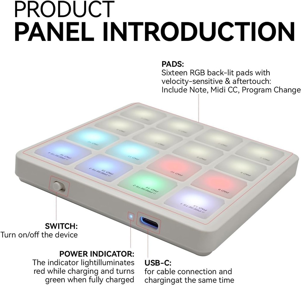 M-VAVE MIDI Controller Drum Pad Wireless Bluetooth MIDI Keyboard 16 Strike