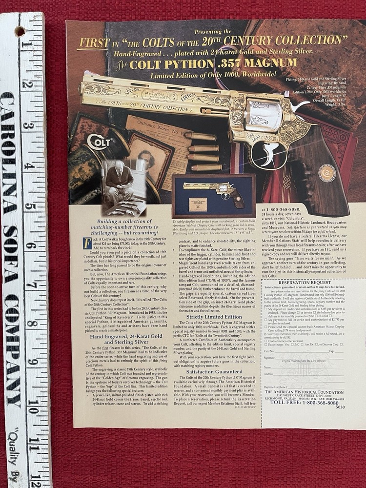 Vintage 1996 Print Ad Commemorative Colt Python .357 Magnum Advertisement