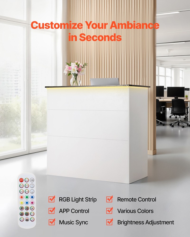 VEVOR Reception Desk 50 inch Rectangular Front Counter Table with LED & Drawers