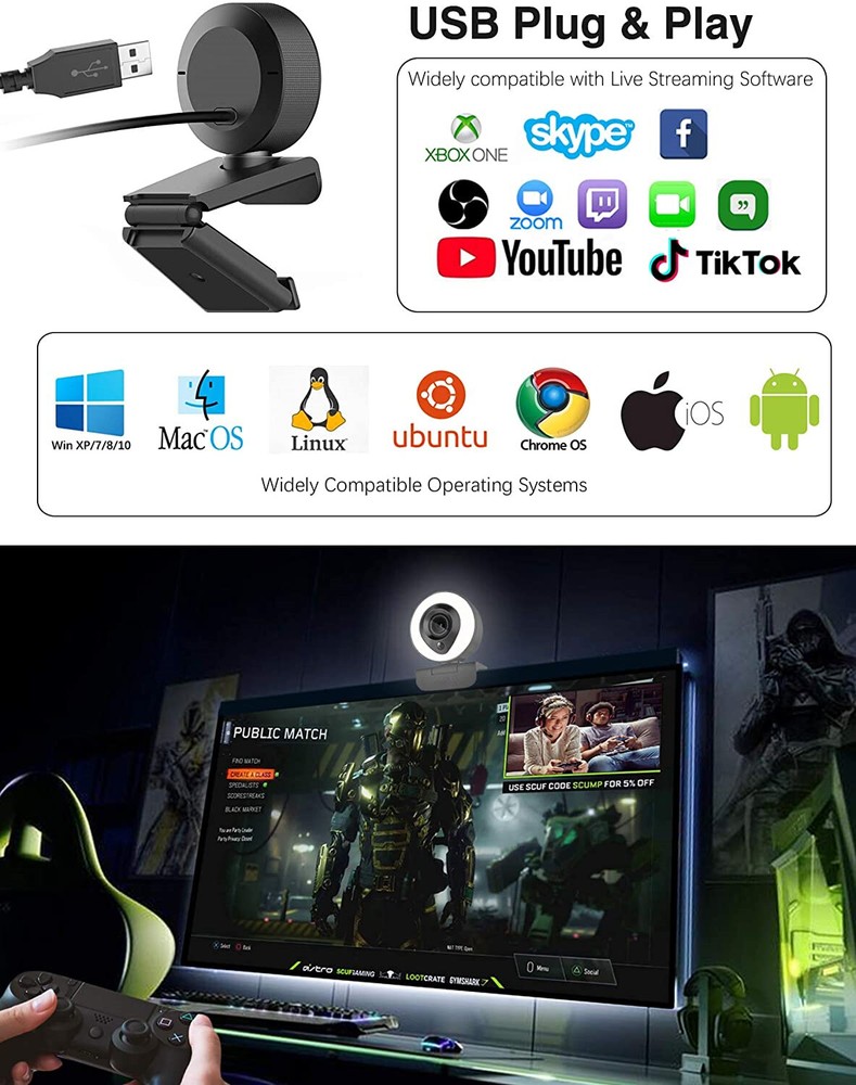 Webcam Streaming 1080P Full HD with Dual Microphone and Ring Light, USB Stream