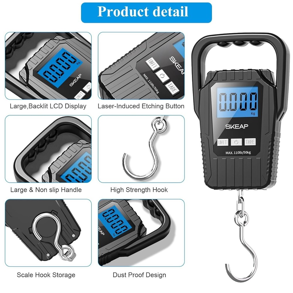 110lb Digital Fish Scale - Backlit LCD, Smart Data Lock & Comfortable Handle