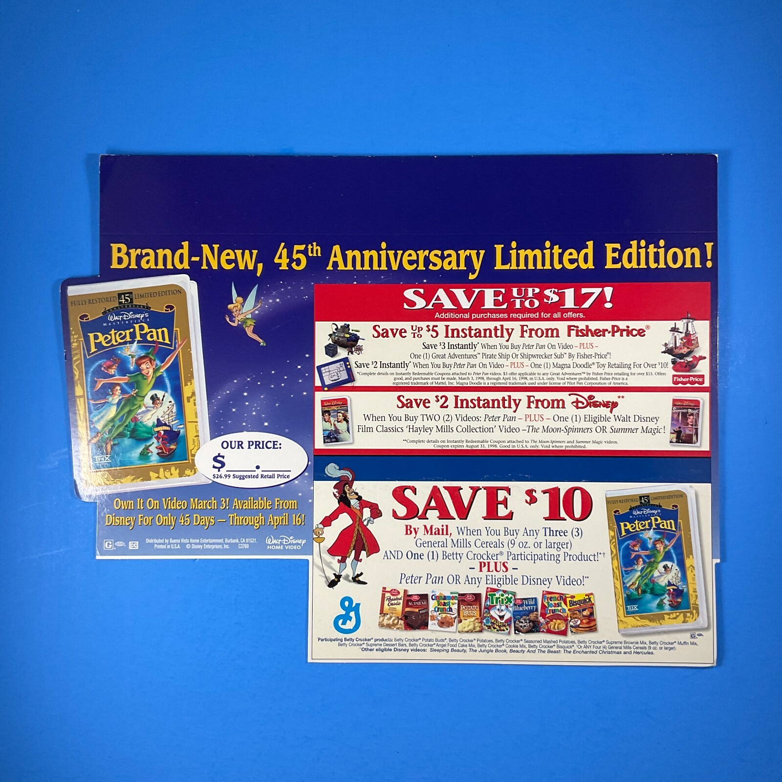 Walt Disney's PETER PAN 1998 Store Display Shelf Talker 45th Anniversary Promo!