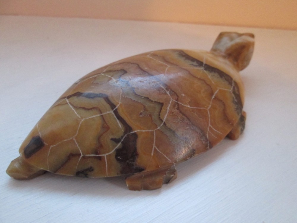 Solid Stone Turtle Figurine Hand Carved 6" Long