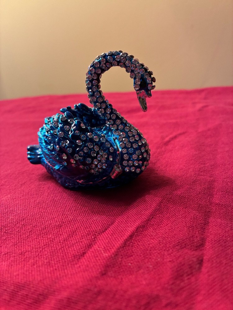 Blue Rhinestone Swan Hinged Enamel Trinket Box - quantities available