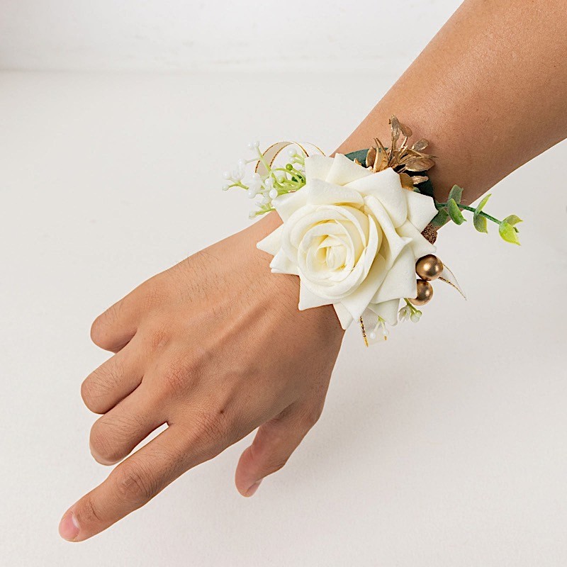 WHITE 2 SILK ROSES 4" Wrist Corsages with Pearls Wedding Flowers Party Bouquets