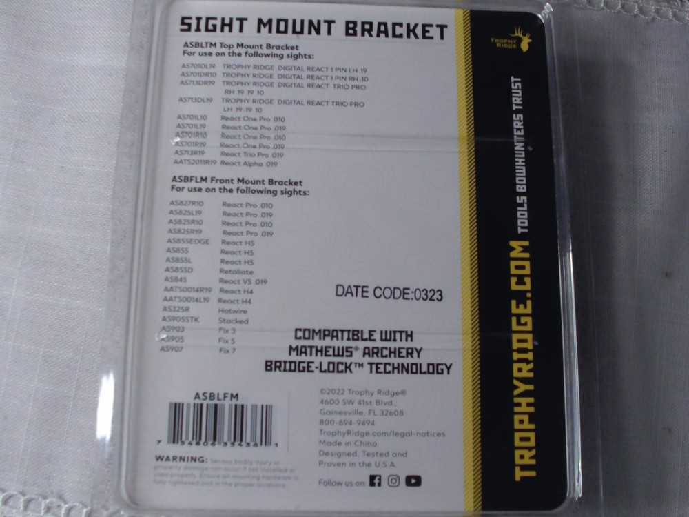 Trophy Ridge SIGHT MOUNT BRACKET BRIDGE-LOCK™ Mathews BRACKET ASBLFM