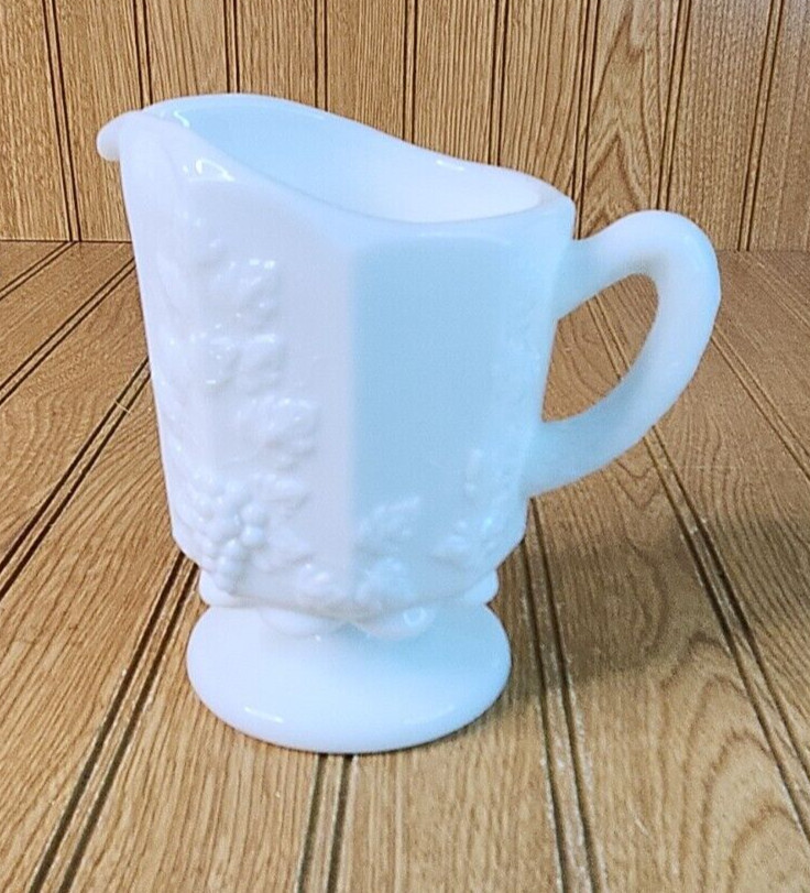 Milk Glass White Pitcher with Grape Design