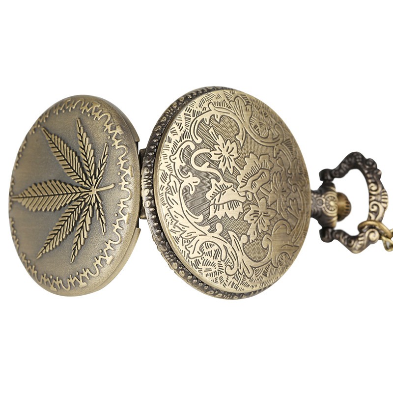 Bronze Engraved Leaf Pattern Full Hunter Quartz Pocket Watch Arabic Number Dial